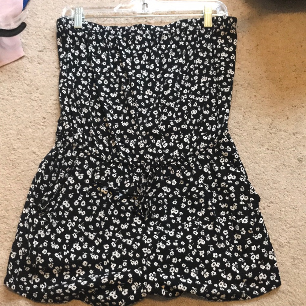 black strapless floral romper